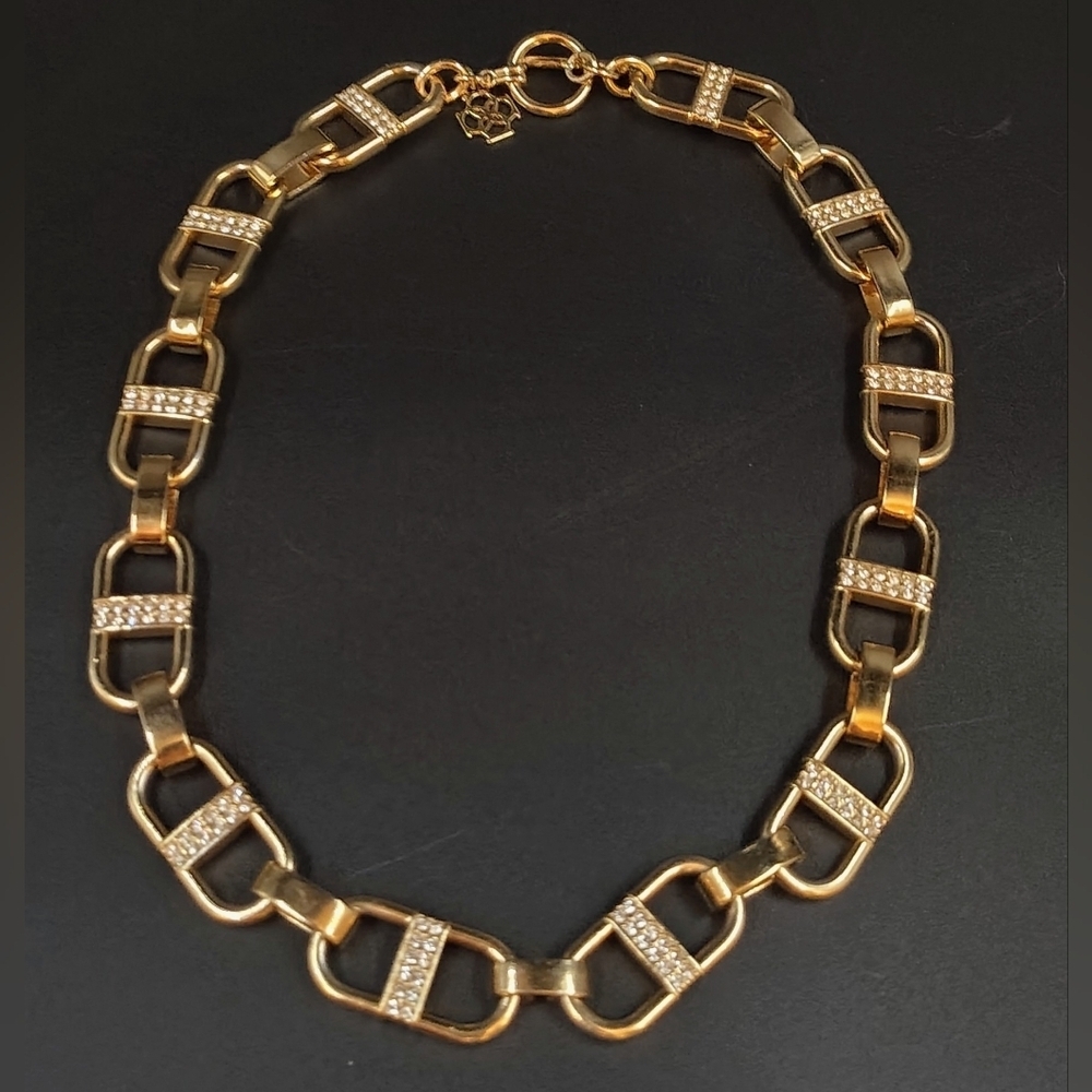 Ann Taylor Gold Tone Paper Clip Rhinestone Chunky Necklace Choker - Picture 14 of 14